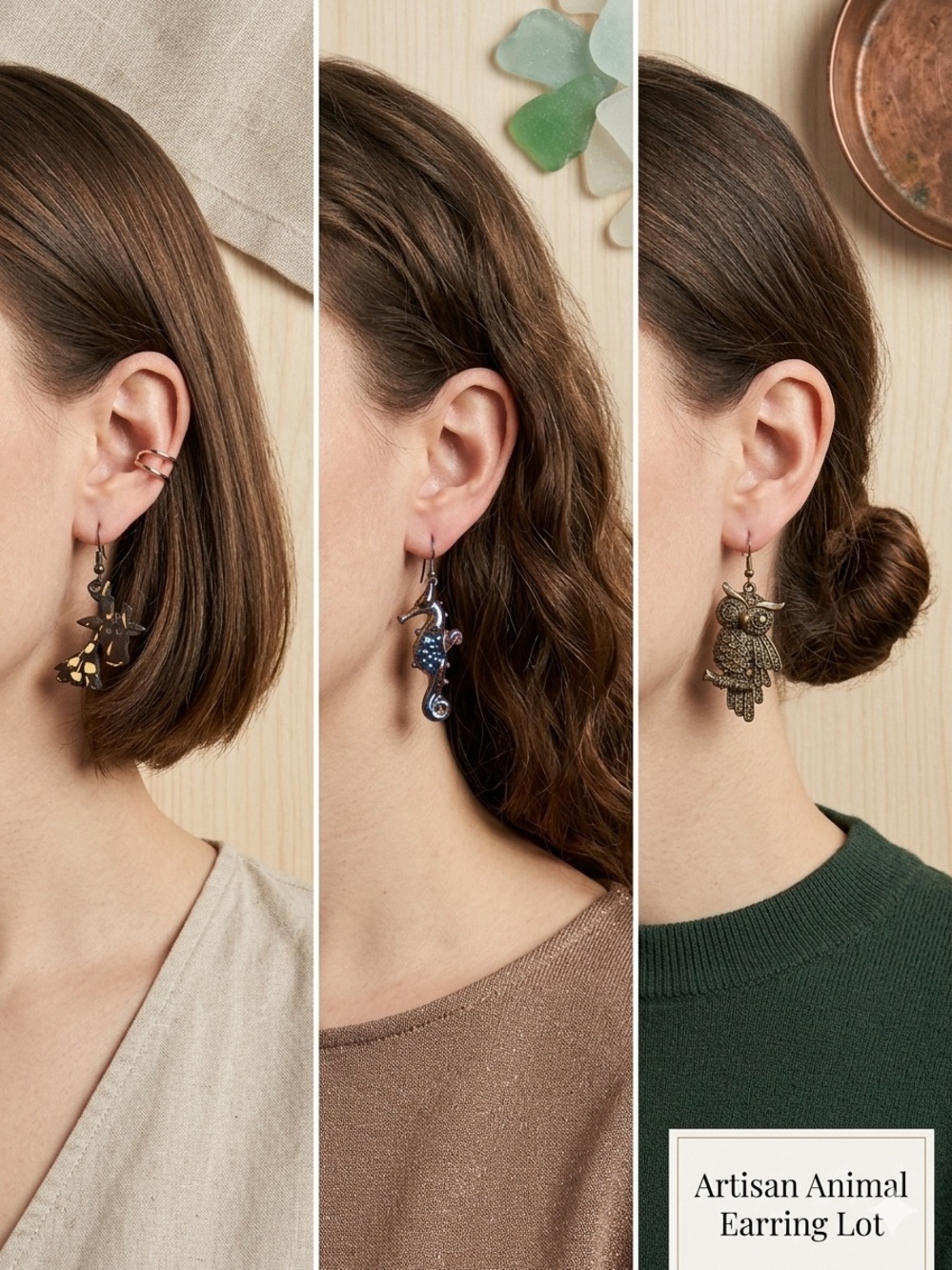 Vintage Animal Eclectic Earring Lot of 3-Giraffe, Seahorse,Owl